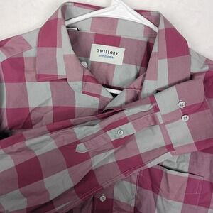 Twillory Untuckable Shirt Men Large Tailored Fit Maroon Grey Buffalo Check Plaid